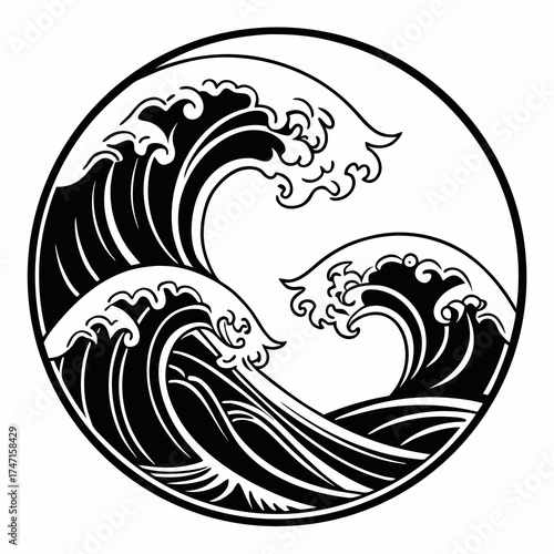Black wave pattern logo in a circle water ocean