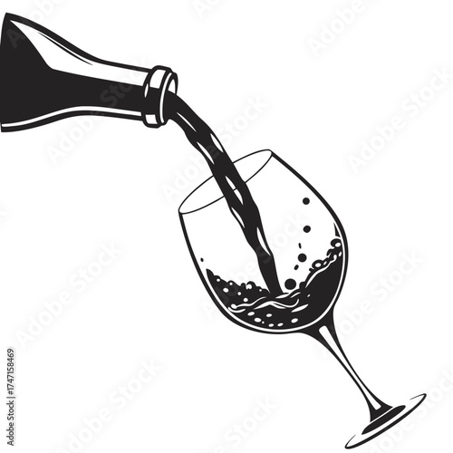 Black wine bottle pouring liquid into wine glass vector