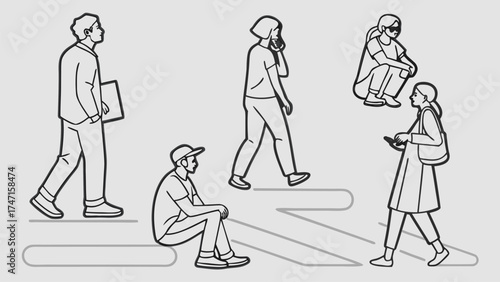 People in Different Poses Including Standing, Walking, Sitting, and Talking Outlined, Symbol for architecture and landscape drawing, Simple People line cad art