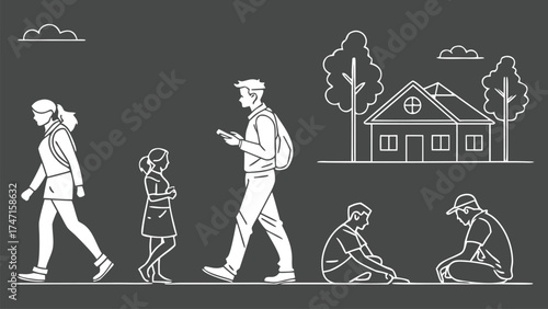 People in Different Poses Including Standing, Walking, Sitting, and Talking Outlined, Symbol for architecture and landscape drawing, Simple People line cad art