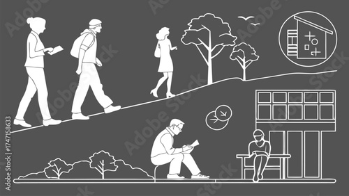 People in Different Poses Including Standing, Walking, Sitting, and Talking Outlined, Symbol for architecture and landscape drawing, Simple People line cad art