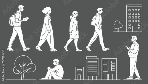 People in Different Poses Including Standing, Walking, Sitting, and Talking Outlined, Symbol for architecture and landscape drawing, Simple People line cad art