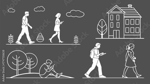 People in Different Poses Including Standing, Walking, Sitting, and Talking Outlined, Symbol for architecture and landscape drawing, Simple People line cad art