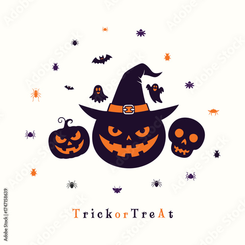 Spooky halloween characters and bats with trick or treat text