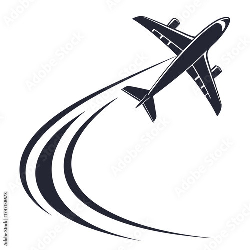 Dark blue airplane with swooping trail on white aircraft