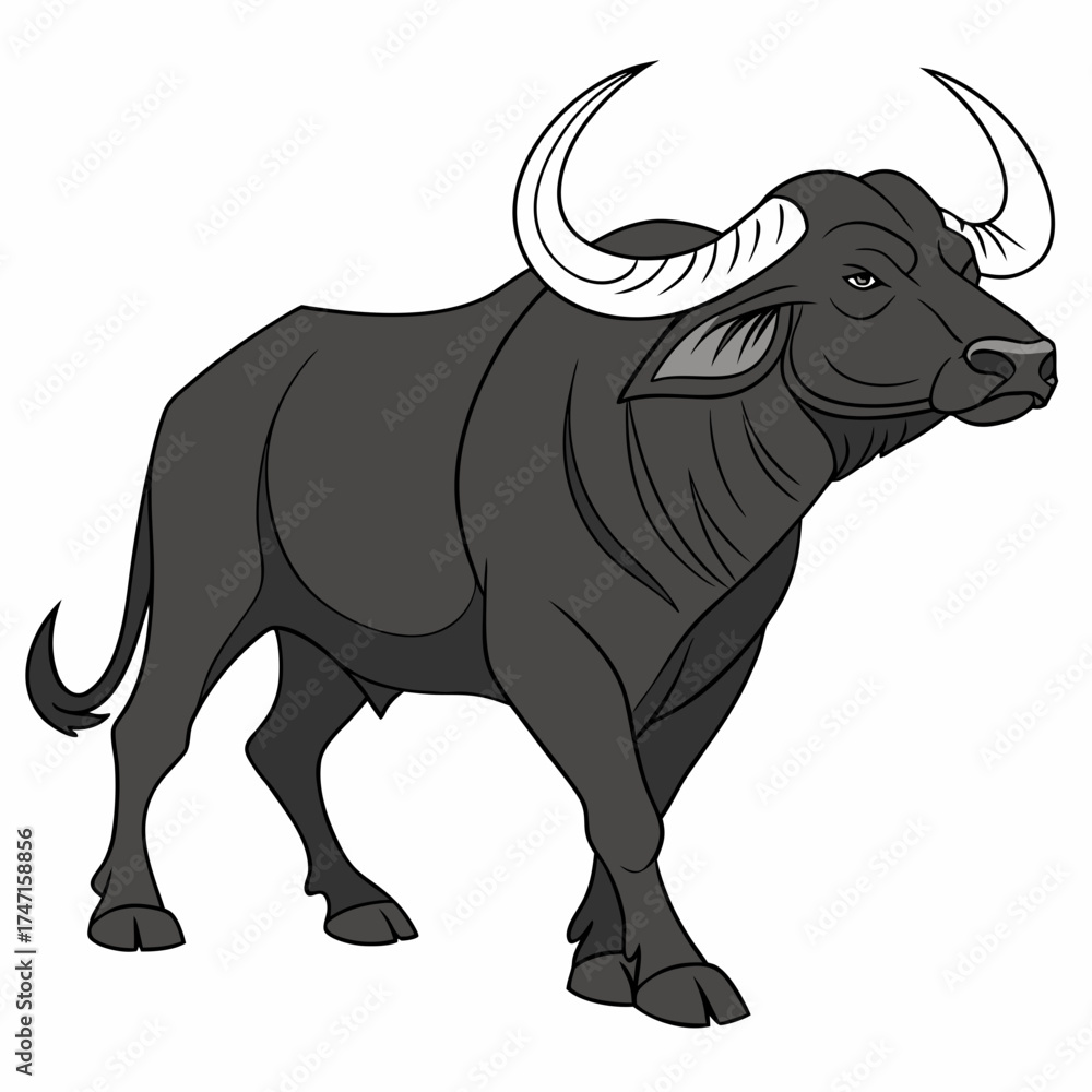 Fototapeta premium Dark gray bull with large curved horns on white buffalo