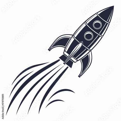 Dark blue rocket ship blasting off with smoke trails