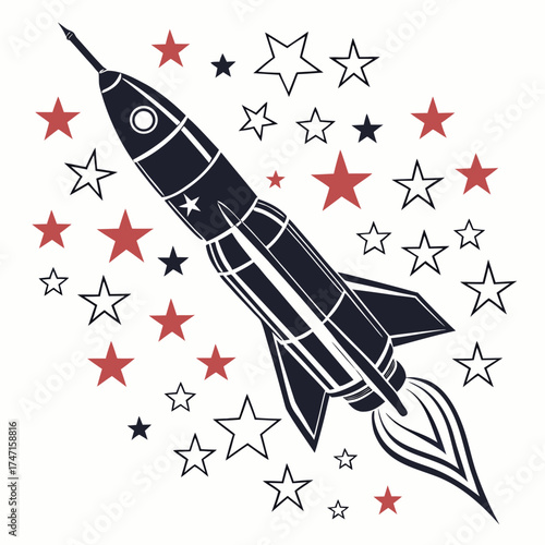 Dark blue rocket with red and white stars space launch