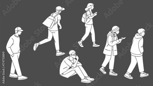 People in Different Poses Including Standing, Walking, Sitting, and Talking Outlined, Symbol for architecture and landscape drawing, Simple People line cad art