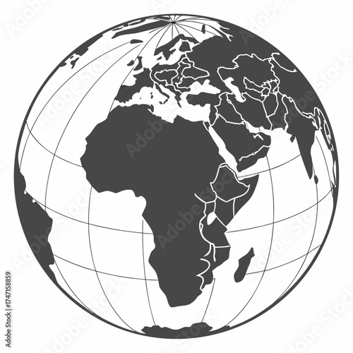 Dark gray globe outline with continents on white background
