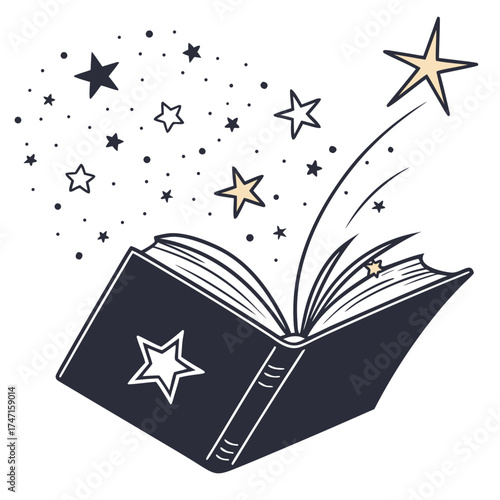 Open book with stars and dots emanating from pages