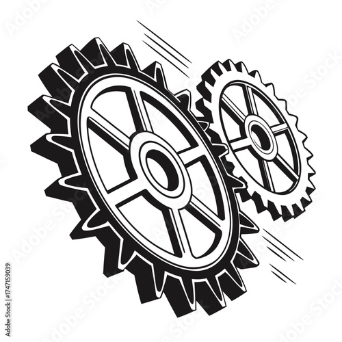 Two black gears meshing with motion lines cogs mechanical