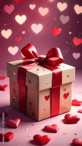 A light beige gift box, adorned with small hearts and a red ribbon bow, sits amidst a flurry of hearts