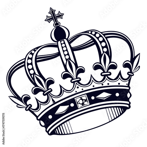Vintage black crown emblem with ornamental lines retro
