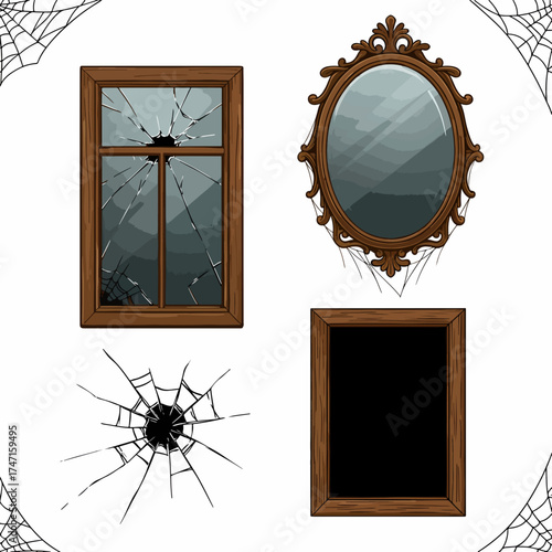 Spooky Halloween decor with broken window, cracked mirror, and spiderwebs creating an eerie haunted house atmosphere for seasonal designs