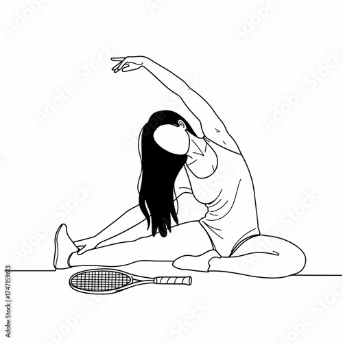 Elegant woman stretching in yoga pose next to tennis racket, promoting wellness, flexibility, and healthy lifestyle. Modern illustration from vector art