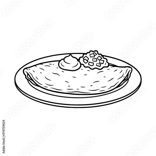 Vector art of crepe with filling and garnish on a plate, line drawing