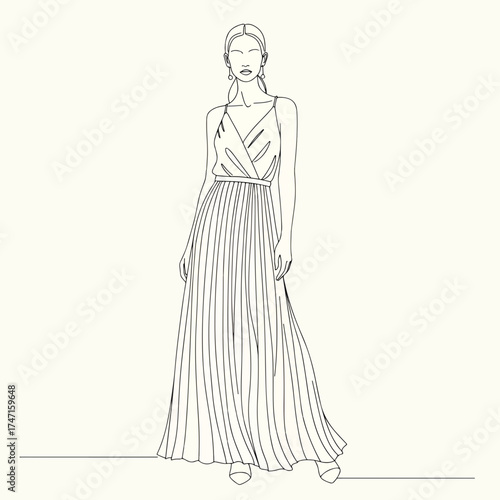 Elegant female fashion illustration featuring a stunning gown, perfect for sophisticated designs and couture presentations, originally a scalable vector graphic