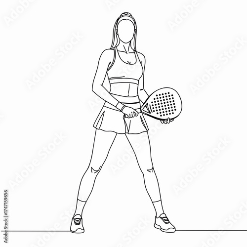 Elegant padel player poised for action, dynamic movement, athletic prowess, modern minimalist style, sporty lifestyle, ready to play, energetic competition