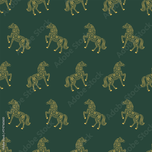 Seamless Golden Horse Pattern in Traditional Ornate Design: Rearing Zodiac Horses with Floral Motifs on Vibrant Green Background for 2026 Lunar New Yea