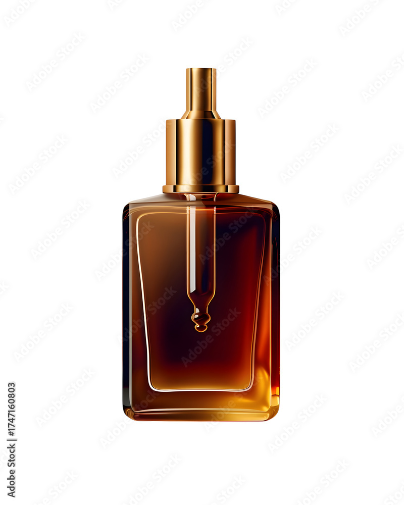 Naklejka premium Close up of a square brown bottle with a gold dropper on a white background in a studio shot