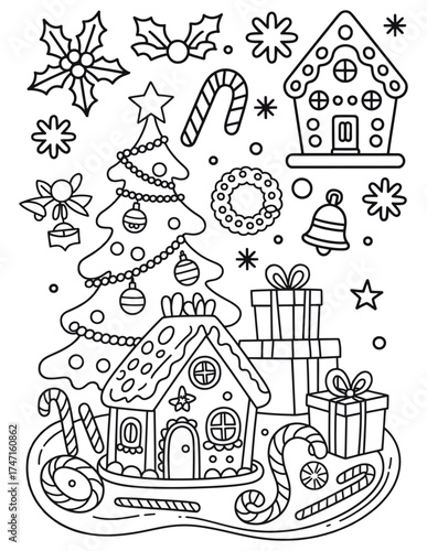 Festive Gingerbread and Christmas Tree Coloring Book Page