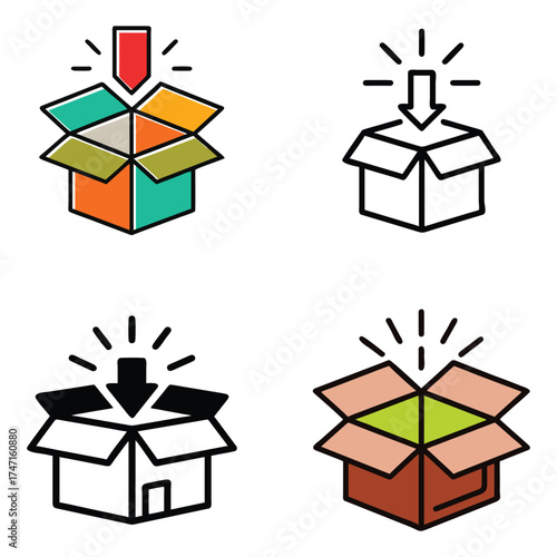 Set of icons representing an open box with an arrow indicating delivery or package arrival. Representing Unboxing Delivery and Package Opening icons.