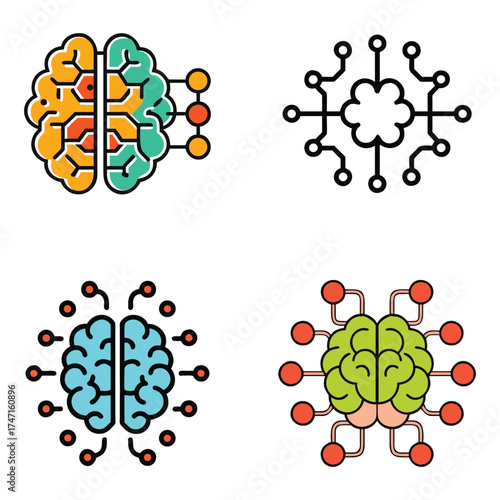 Set of stylized brain icons representing artificial intelligence and neural networks. Digital Brain Artificial Intelligence and Neural Network Icons