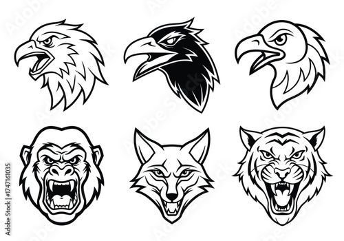 Collection of fierce animal heads including birds of prey and mammals in black and white line art. Animal Heads Vector Illustration.