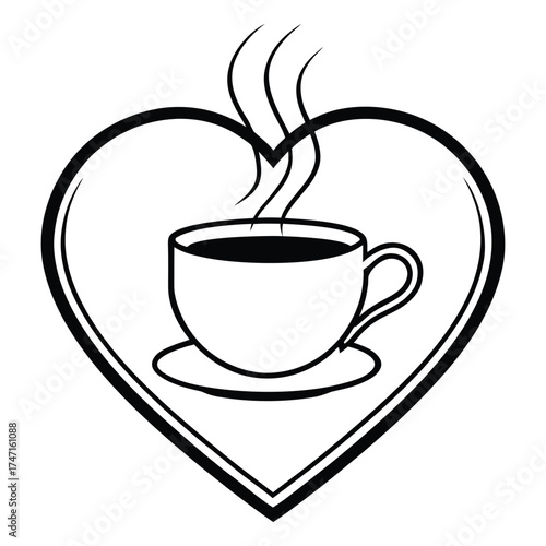 Heart shaped frame with a steaming cup of coffee or tea symbolizing love for hot beverages
