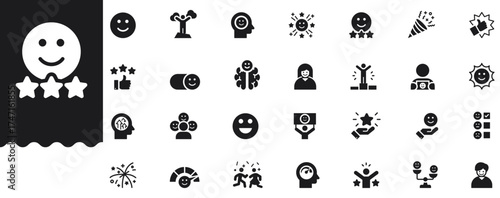 Happiness and well-being solid icon set features smile, emotions, feelings, good, stars, life, love, award, winner, like, fun, achieve, joy and success symbols. Professional minimal vector collection.