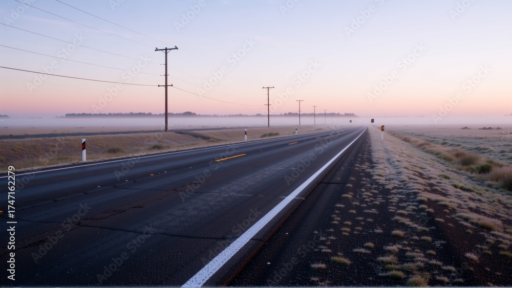 Fototapeta premium long straight road white line marking center road road surrounded dry grass shrubs both sides side highway power lines telephone poles sky pale pink color indicating either sunrise sunset distance