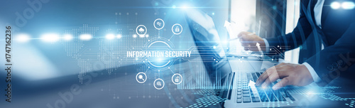 Businessman using laptop and information security analyzing technological data, threat detection, risk management, encryption technologies, compliance systems, cybersecurity frameworks