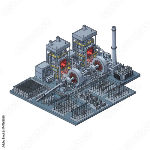 Isometric illustration of a modern power plant generating electricity.