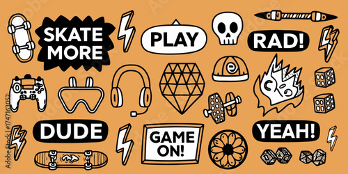 Cool doodle collection of gaming and skateboarding icons with motivational text on orange background
