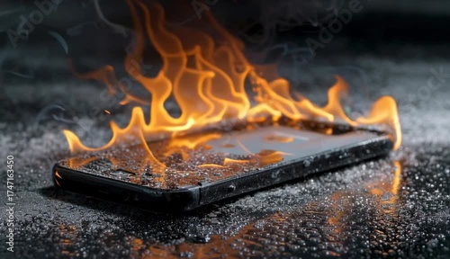 Mobile phone battery overheated burning flames Smartphone on fire Burning smartphone with bad battery
