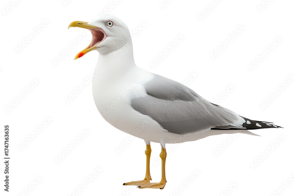 Fototapeta premium Seagull with open beak stands isolated on transparent background showcasing its distinctive features and behavior