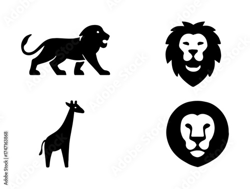 Silhouette icons of  wildlife safari animals lion and king of the jungle, giraffe
