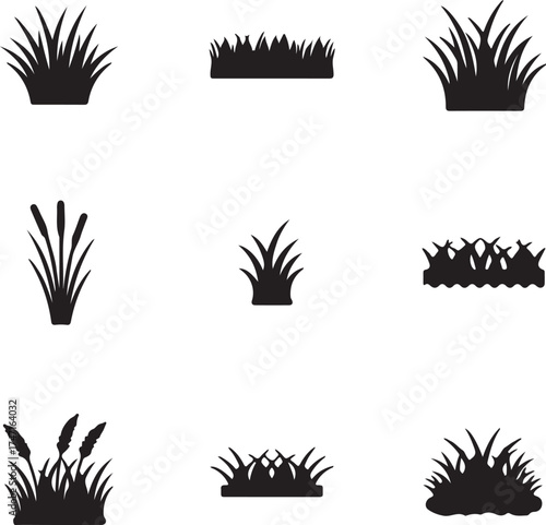 Grass reed silhouettes in different styles Keywords: grass, silhouette, reeds, cattails