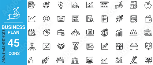 Business Plan Line Icons Set - Minimalist Modern Vector Symbols for Strategy, Finance, Market Research, and Growth – 45 Icons, Isolated on White
