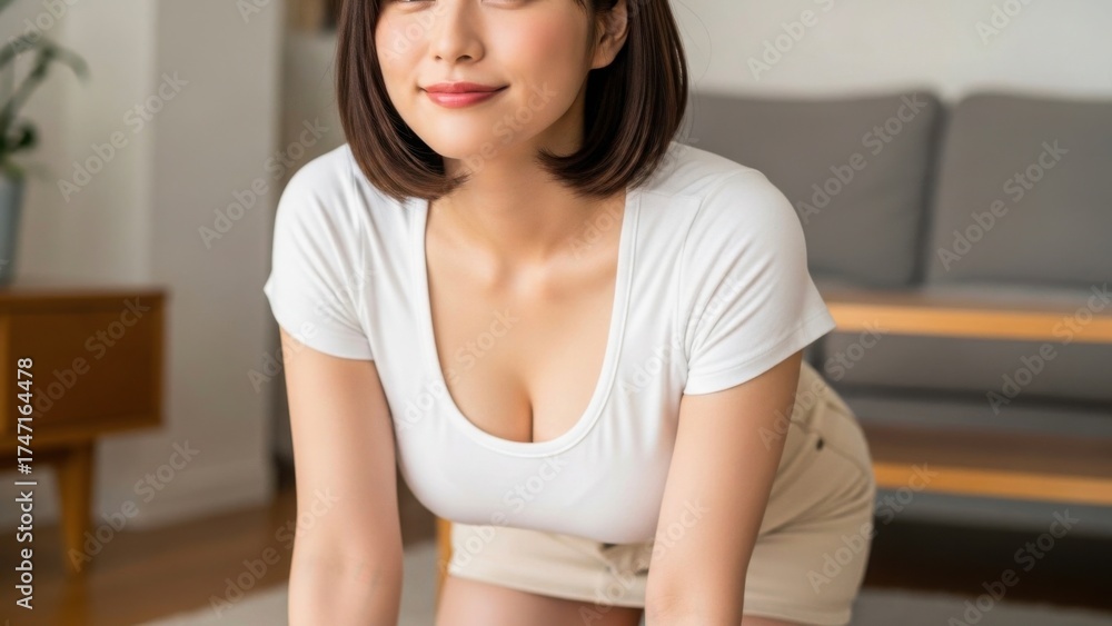 Obraz premium リビングで前かがみになる白いTシャツ姿の若い女性の胸元