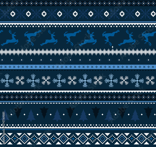 Seamless fairisle sweater knit pattern. Repeating knitted vector print with a horizontal reindeer, tree and snowflake design on a blue background. Holiday apparel textile pattern.