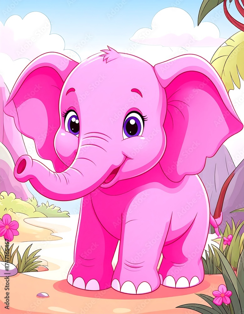 Fototapeta premium Pink baby elephant in a cartoon landscape