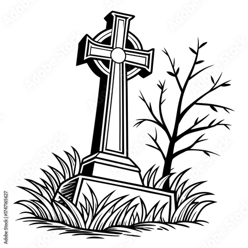 Black and white Celtic cross gravestone graveyard tombstone