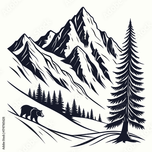 Black and white bear walking on snowy mountain slope with pine trees