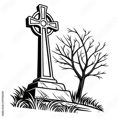 Black and white Celtic cross gravestone with bare tree