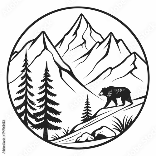 Black and white circular mountain landscape with bear