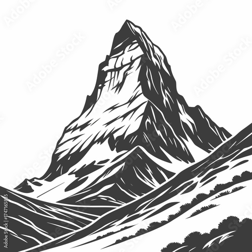 Black and white illustration of a tall mountain peak 1