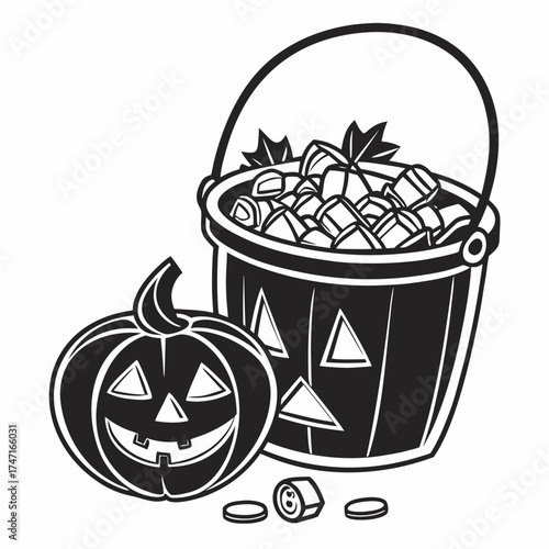Black and white pumpkin bucket overflowing with candy