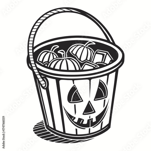 Black and white pumpkin bucket filled with pumpkins